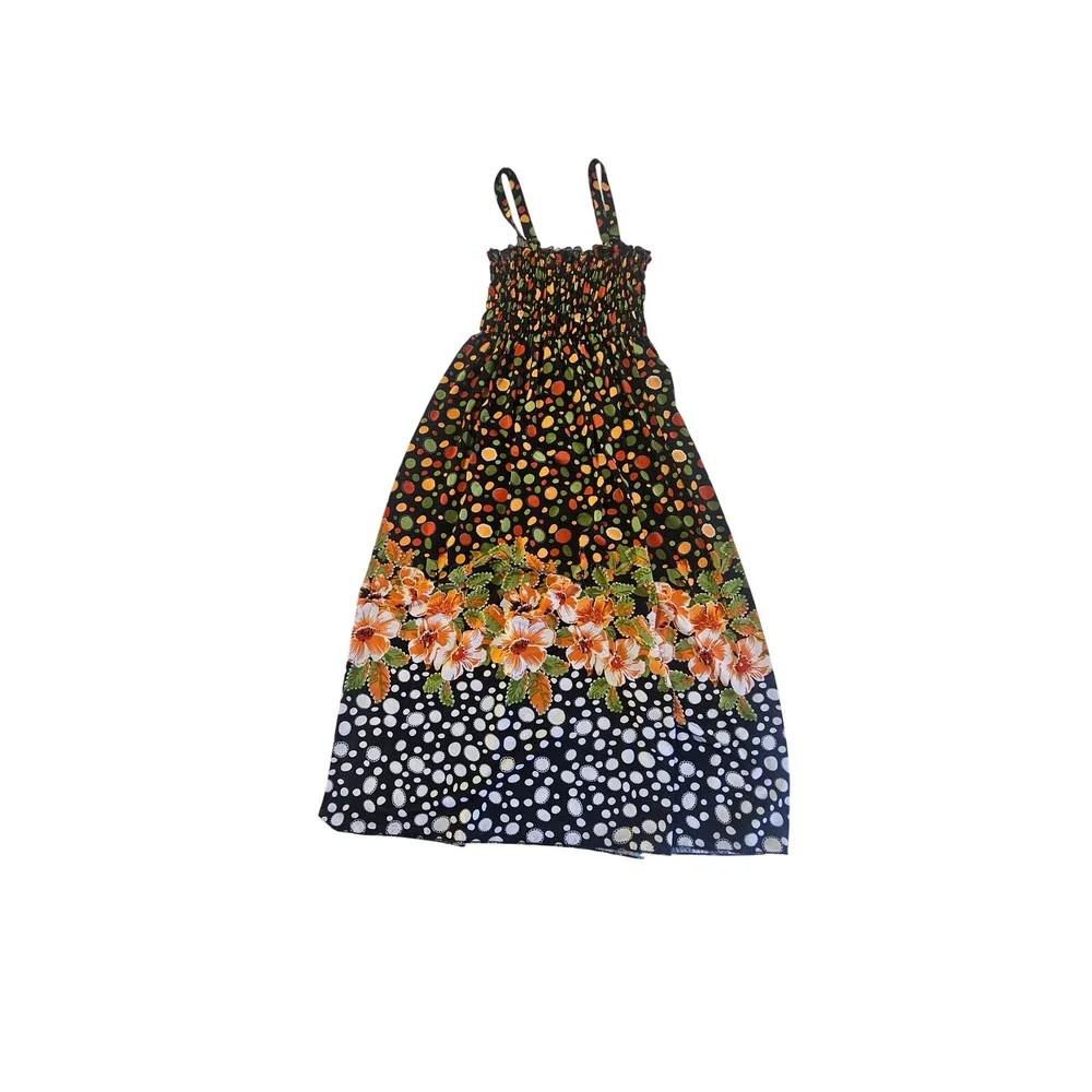 Lati Fashion Floral Polka Dot Smocked Maxi Dress Black Orange Boho Summer Small